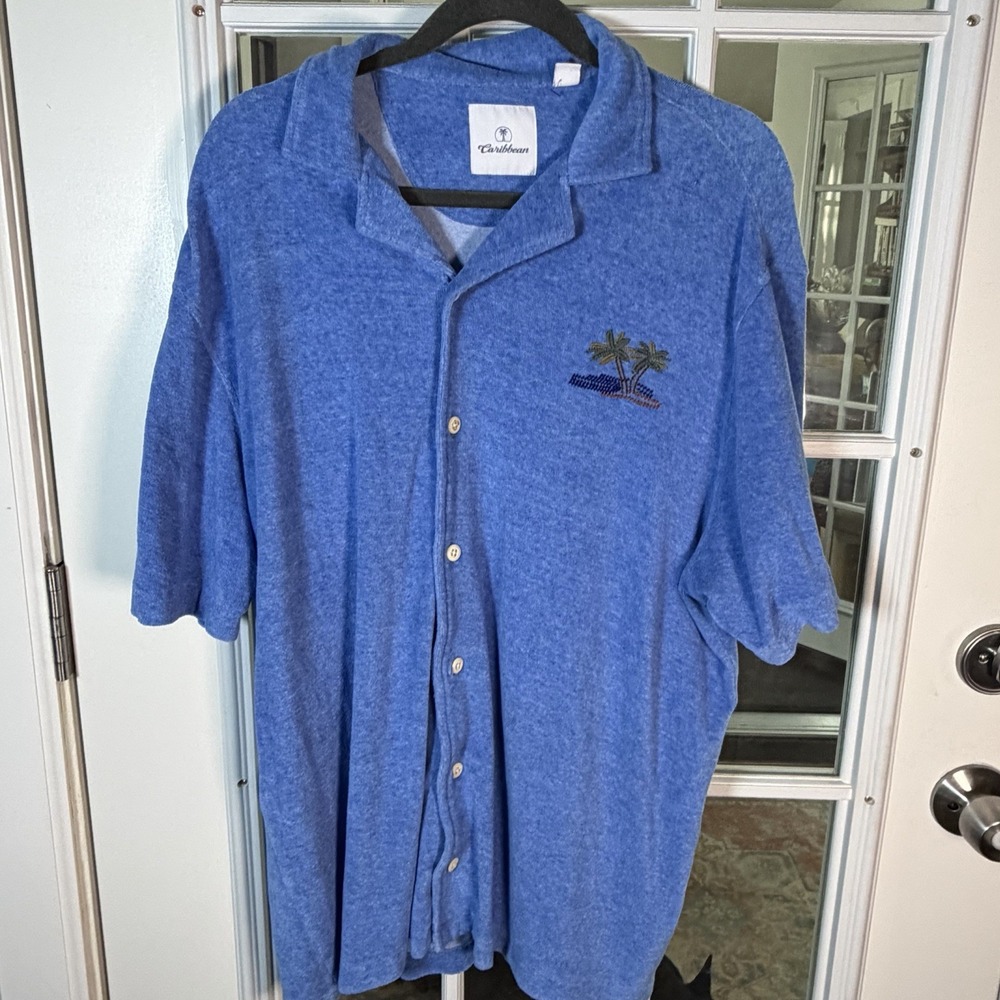 Caribbean Terry Cloth Shirt XL Blue Palm Tree Embroidered Resort Cabana